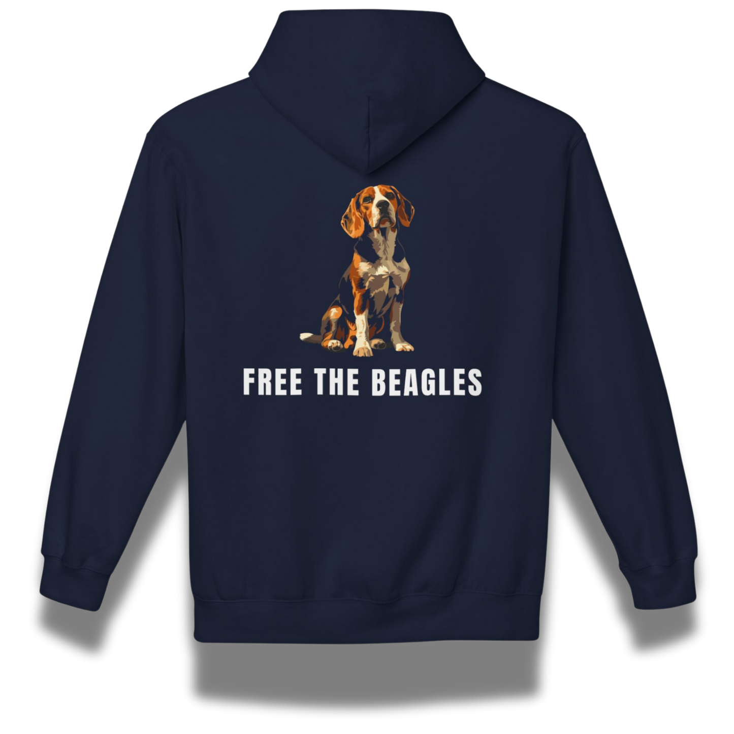 Navy blue hoodie with a dog illustration and 'Free the Beagles' text on the back.