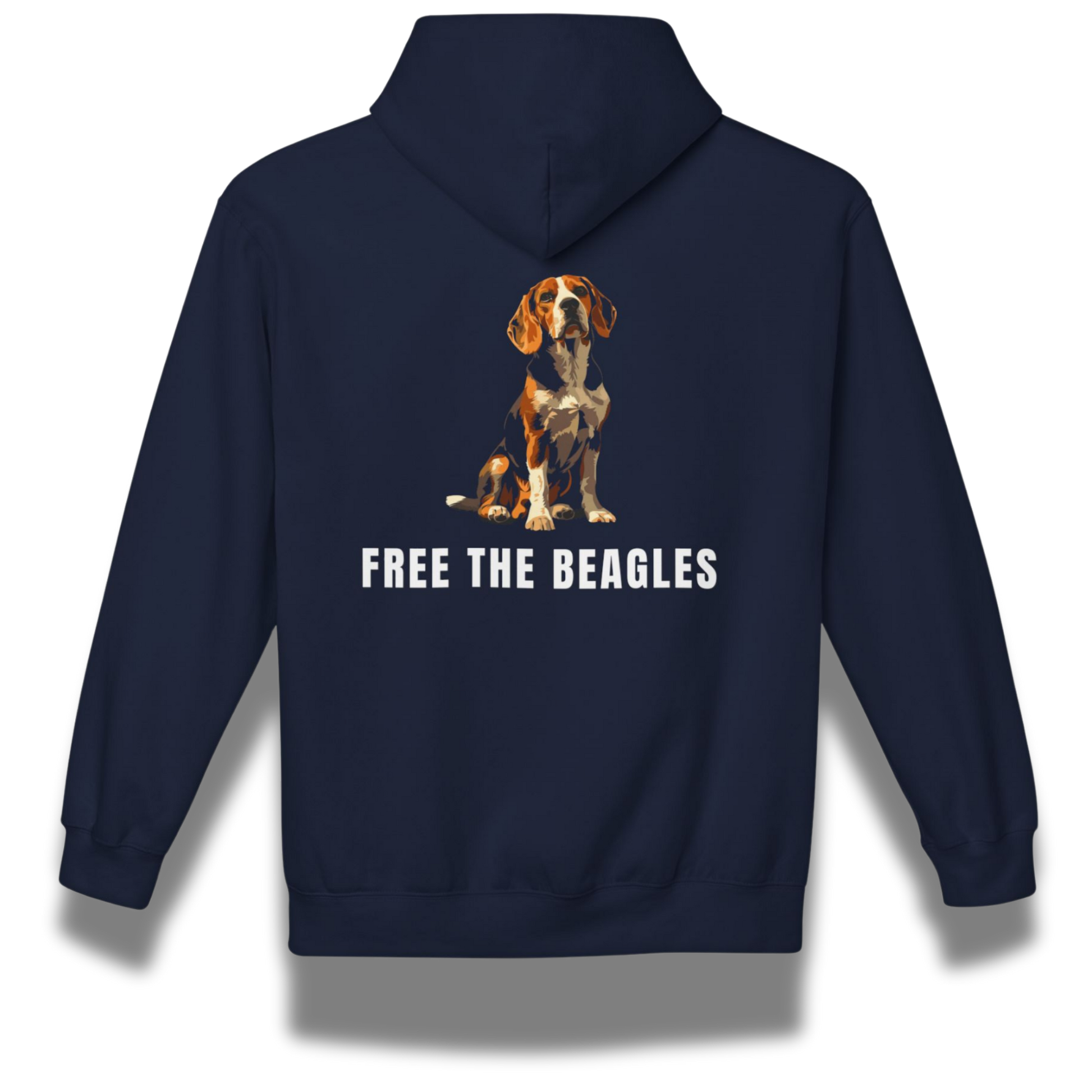 Navy blue hoodie with a dog illustration and 'Free the Beagles' text on the back.