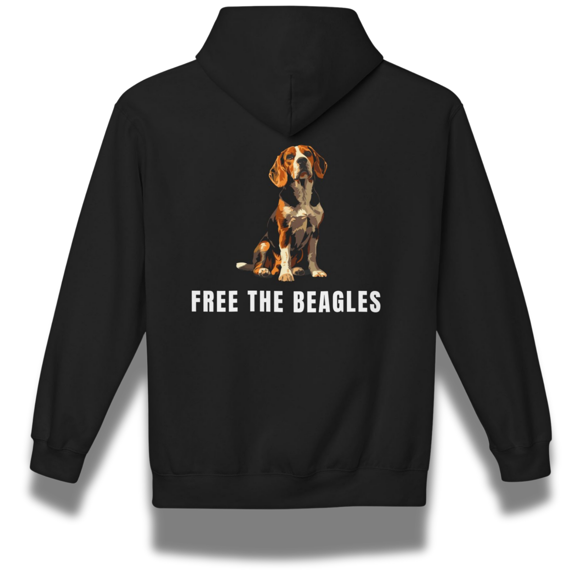 Black hoodie with a beagle dog illustration and 'Free the Beagles' text on the back.
