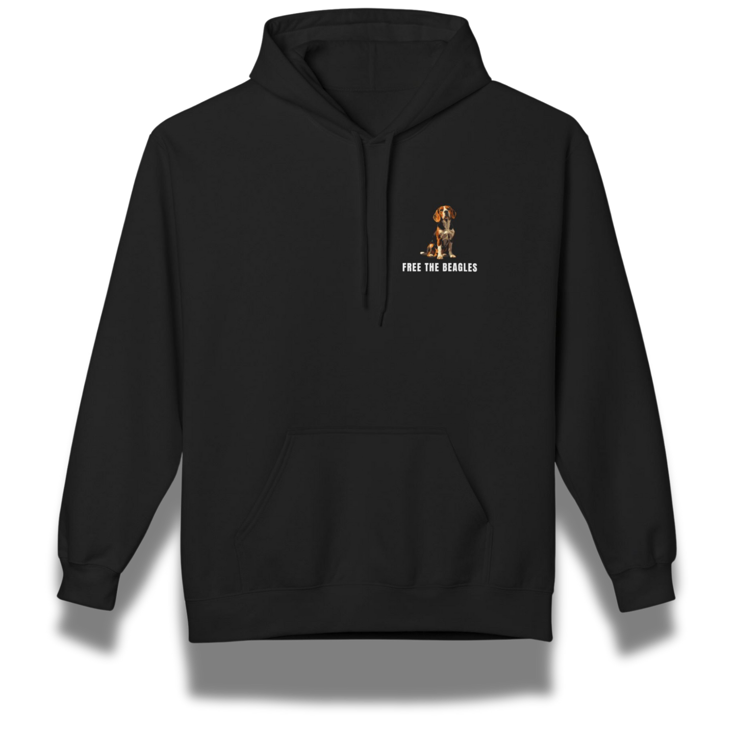 Black hoodie with a small graphic and text on the chest against a white background