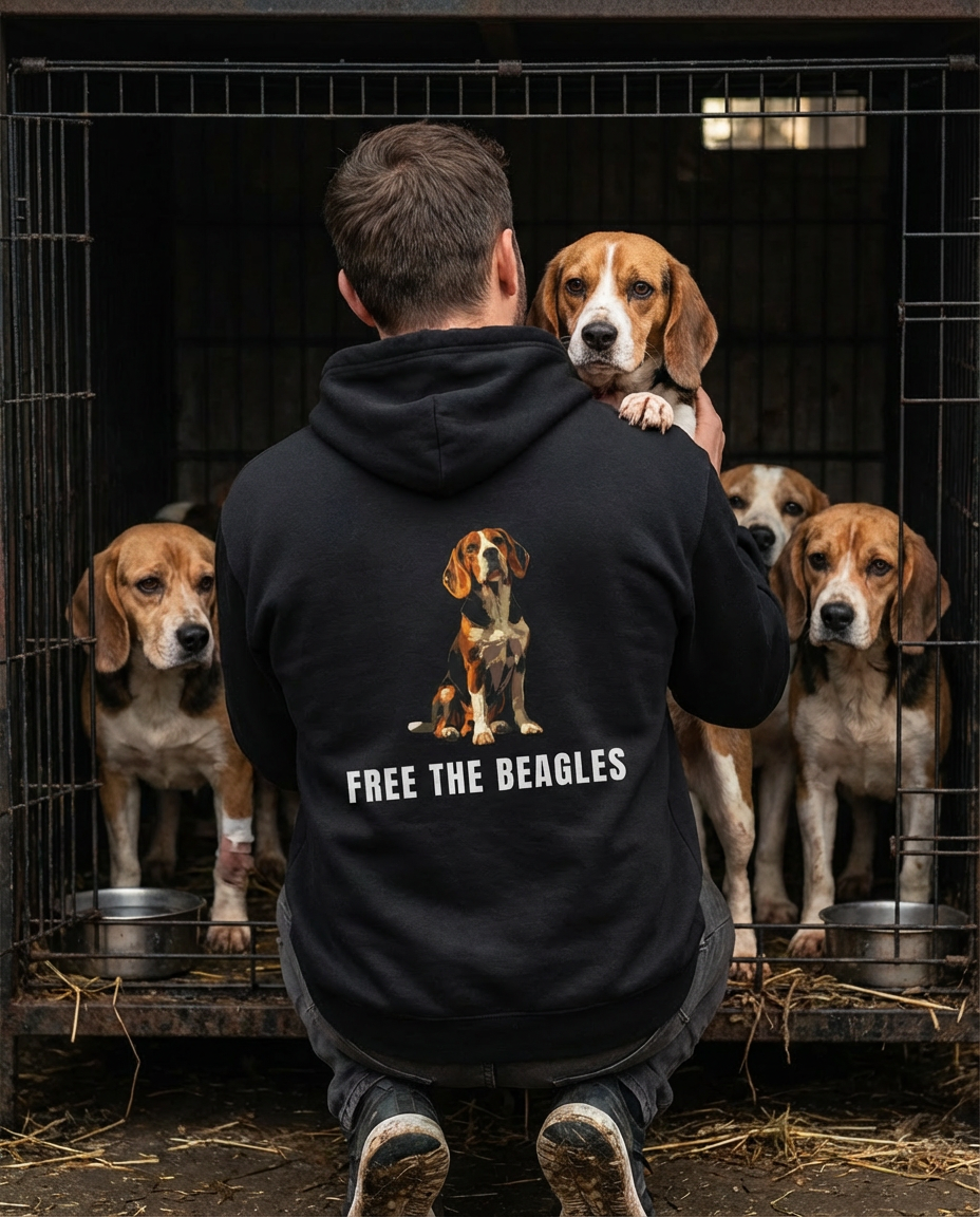 Person wearing a hoodie with 'Free the Beagles' text, surrounded by beagles in a cage.