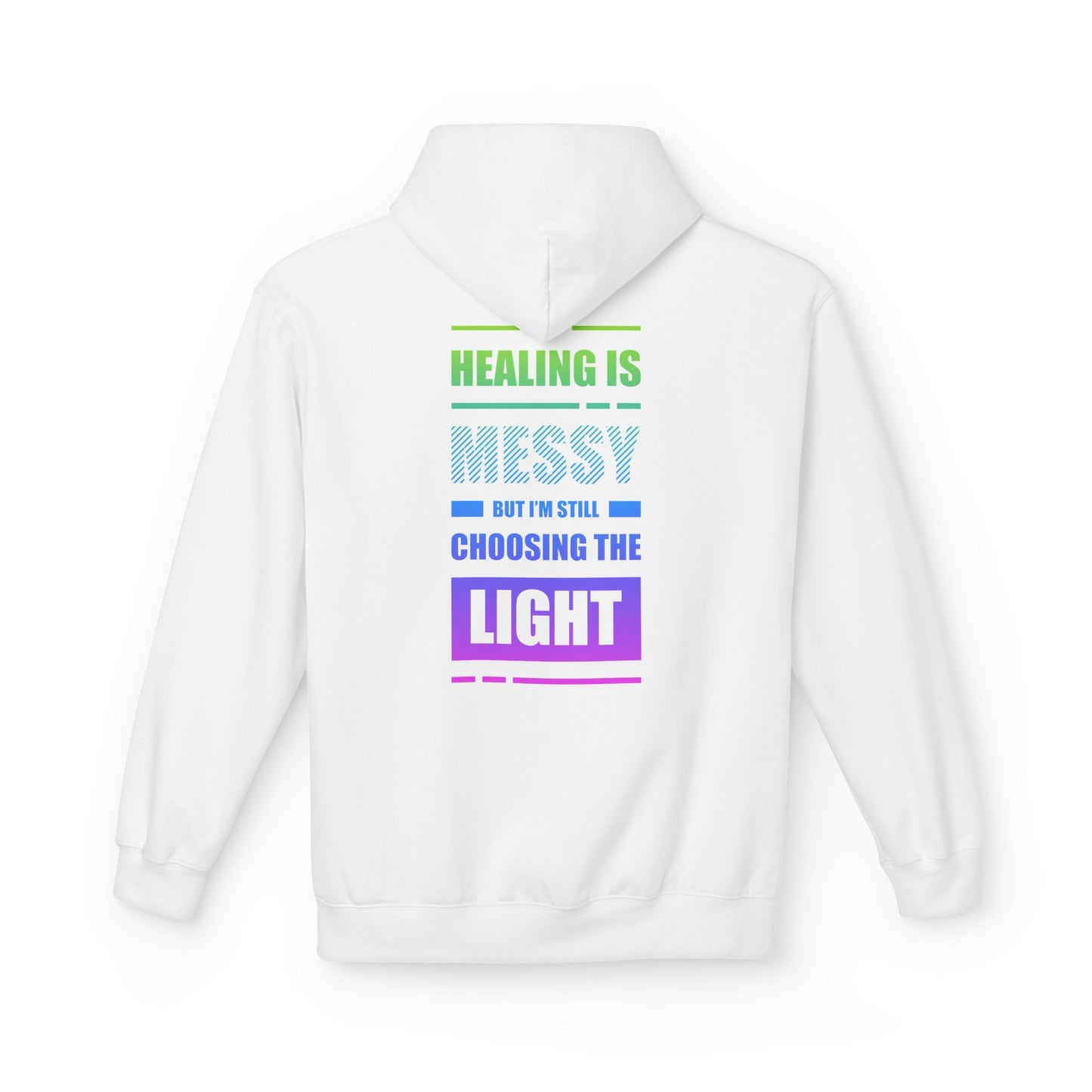 White hoodie with motivational text design on a white background