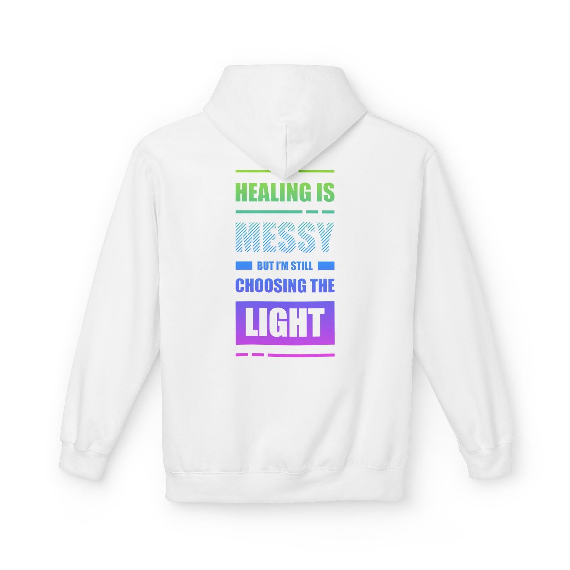 White hoodie with motivational text design on a white background