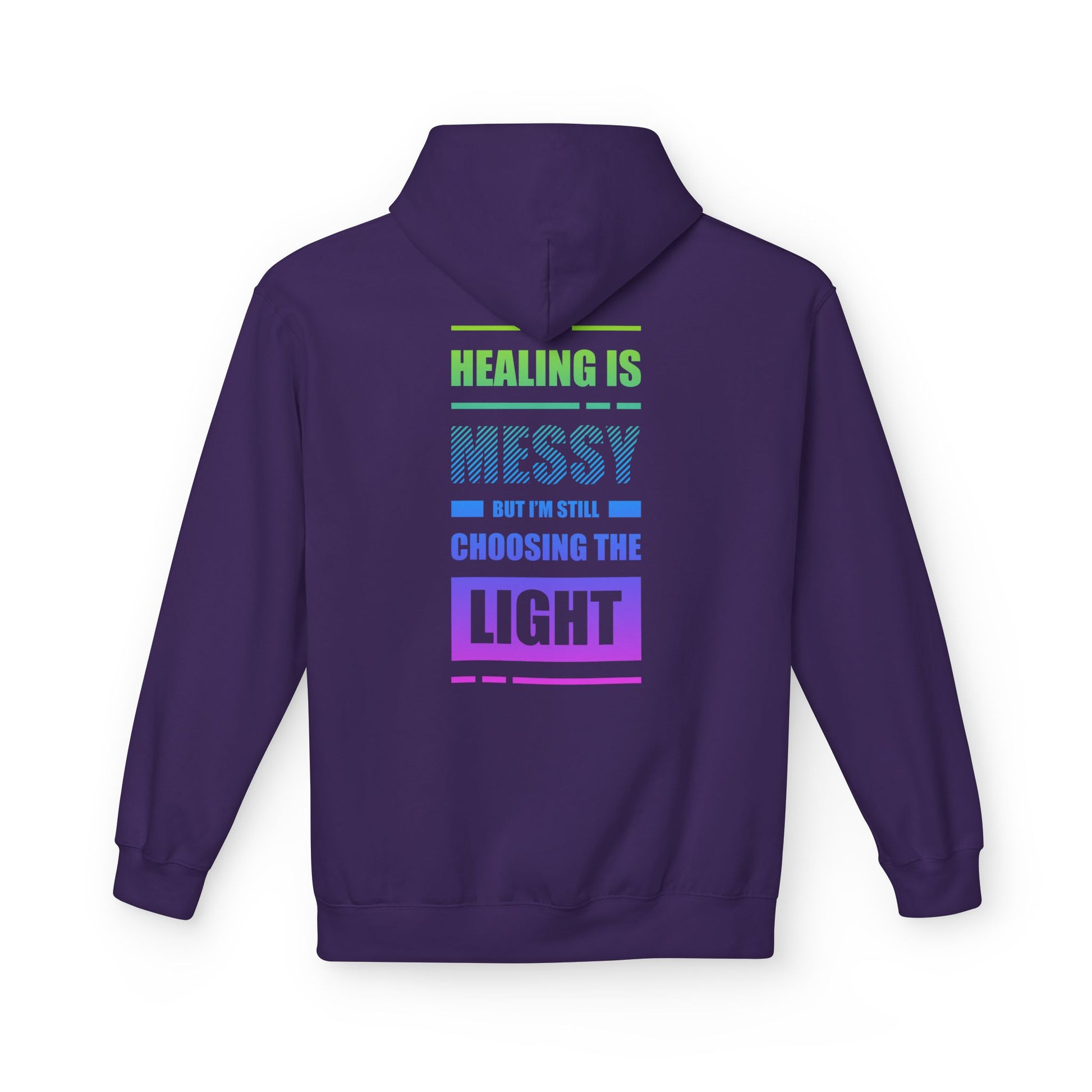 Purple hoodie with motivational text on the back against a white background