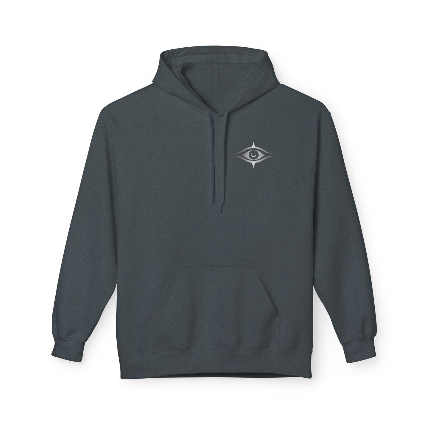 Dark gray hoodie with a small logo on the chest against a white background