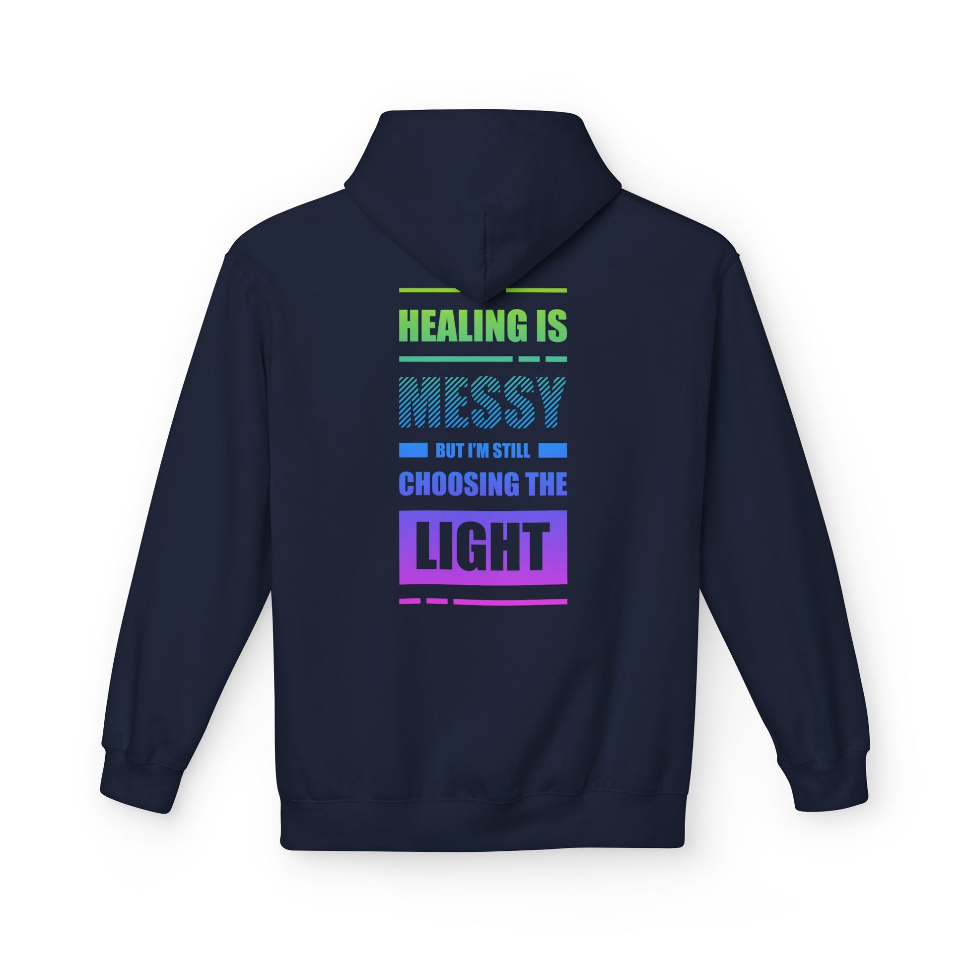 Navy blue hoodie with motivational text on the back against a white background