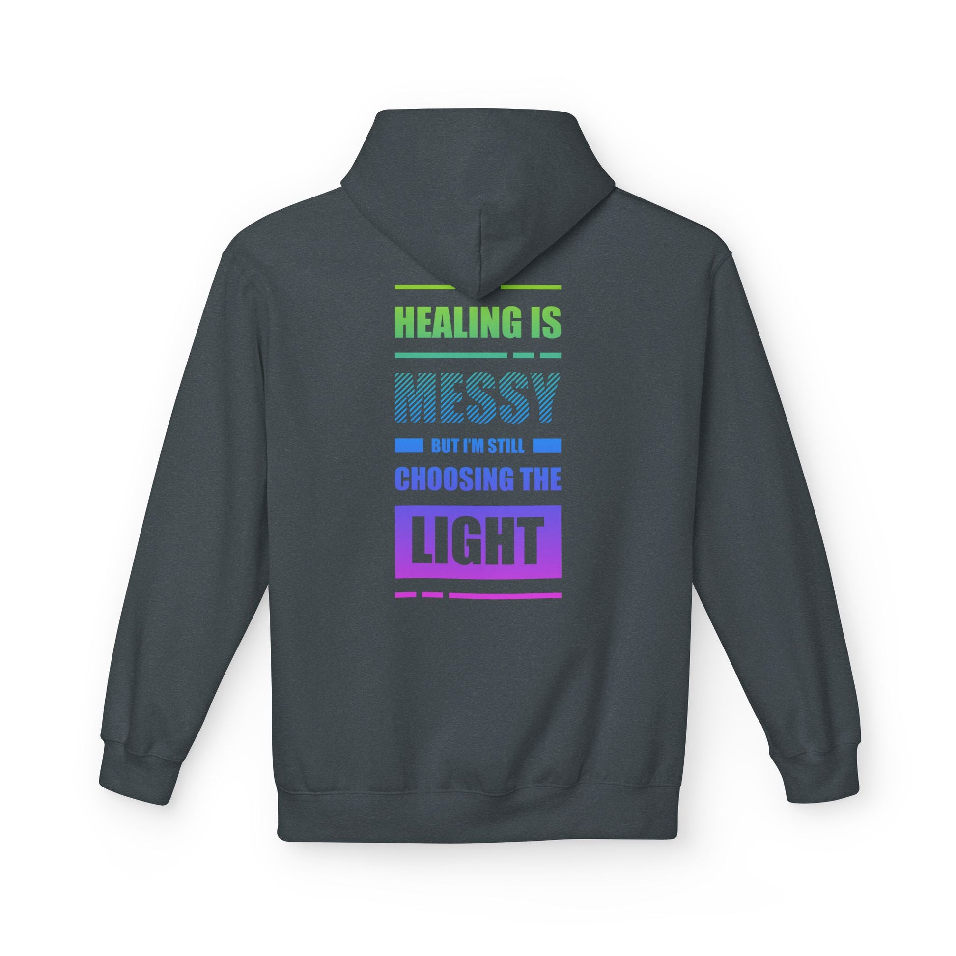 Dark gray hoodie with colorful text on the back against a white background
