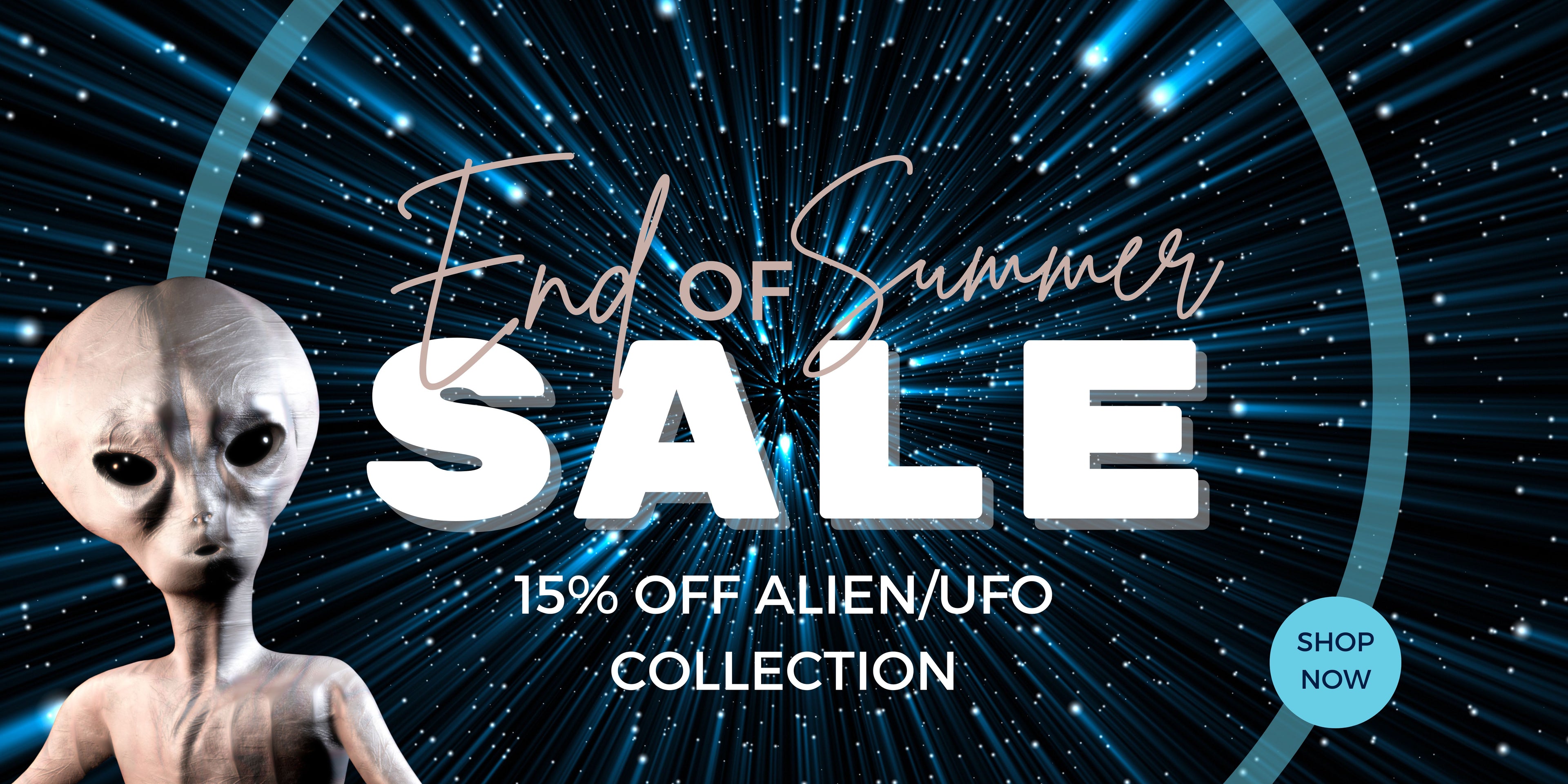 Alien figure with 'End of Summer Sale' text on a space-themed background