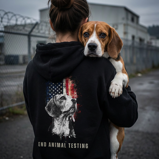 Person holding a dog with a hoodie featuring an animal rights message.